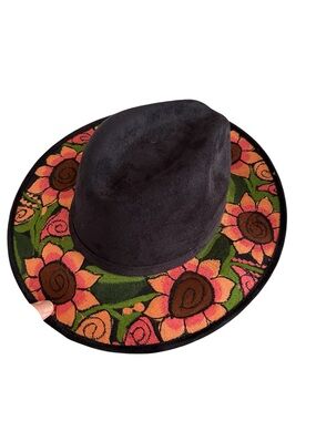 Black Suede Wide-Brim Embroidered Hat, Made in Mexico, 6.25”x8” interior